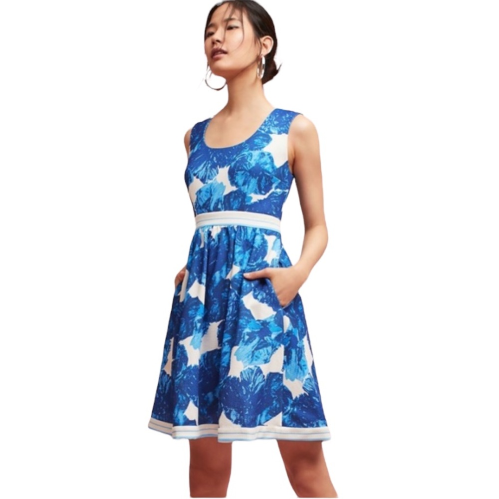 Anthropologie Blue and Cream Fit and Flare Mini Dress